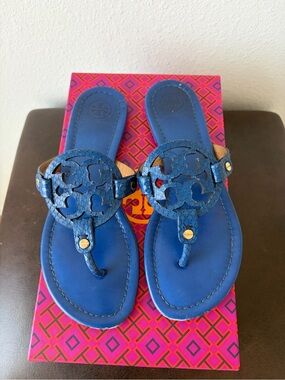 Tory Burch MILLER Glossy Snake Print MESTICO Sandals in HUDSON BLUE 7.5